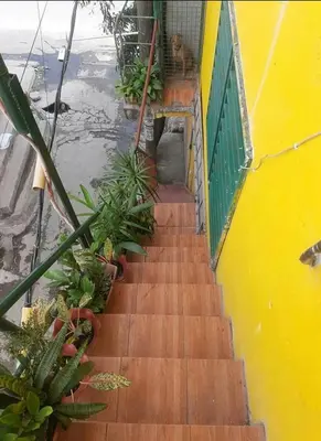 a staircase leading up to a yellow building with plants at MJ Home in Manila