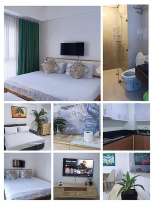 a collage of photos of a bedroom with a bed and a television at 1BR and Studio Condo Unit @ 150 Newport near NAIA 3 in Manila