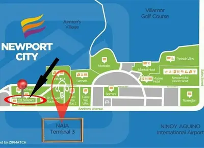 a map of a newport city with a red arrow at Condotel Walking distance to Airport ( Terminal 3) in Manila