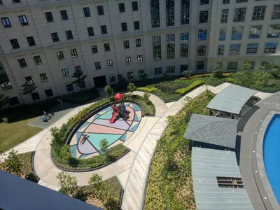 an overhead view of a building with a skate park at Eighty One Newport Boulevard in Manila