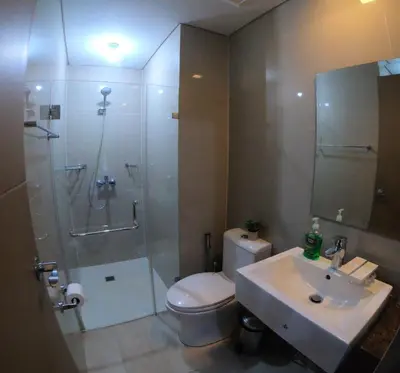a bathroom with a shower and a toilet and a sink at Palm Tree 2 Villas-Cluster 2 Unit 3N in Manila