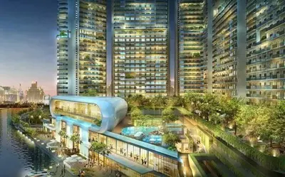 a rendering of a large building with a swimming pool at ACQUA Private Residences 1BR Condo in the heart of downtown Makati & Mandaluyong in Manila