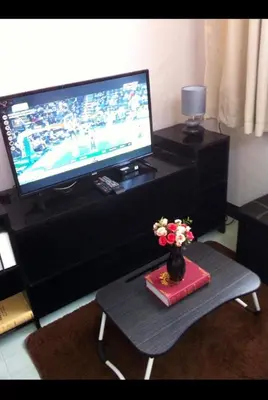 a living room with a television and a vase with flowers at Estien's cozy home in Malagasang Primero