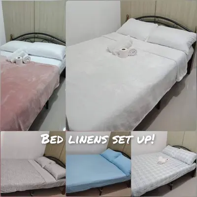 three pictures of two beds and a bed users set up at 1BR Grace Residences w/ Internet- near BGC/McKinley in Manila