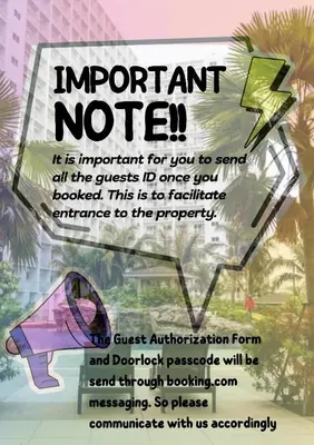 an advertisement for a resort with a sign that says important notice at Luxury condo At Shore 1 Tower C1, Mall of Asia Complex Pasay City in Manila