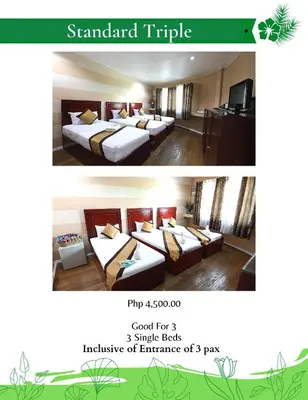 two pictures of a hotel room with two beds at Loreland Farm Resort in Antipolo