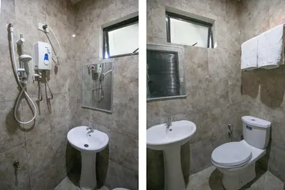 two pictures of a bathroom with a toilet and a sink at Rjat Guesthouse in Biñan
