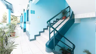 a staircase in a building with blue walls and plants at RedDoorz Plus at Villa Gloria Taguig in Manila