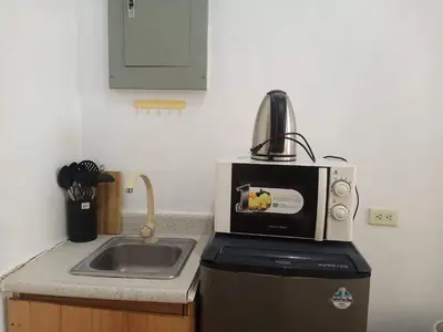 a kitchen with a sink and a microwave at Alabang Condotel in Studio One Condominium in Manila