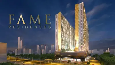 a rendering of a tall building with the words fame residence at Fame Residences T1 Family Suite 1507 in Manila