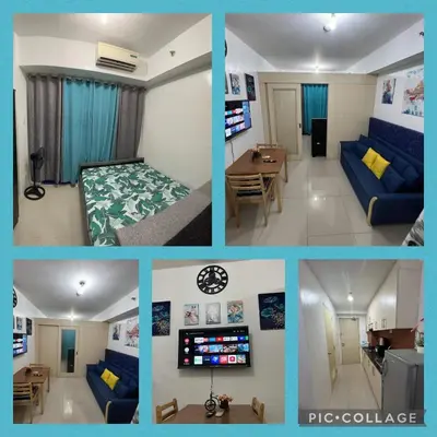 a collage of photos of a living room and a bedroom at Sea Residences at Jireh in Pasay