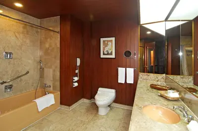 a bathroom with a toilet and a tub and a sink at The Manila Hotel in Manila