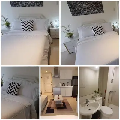 a collage of four pictures of a bedroom at JN Condotel The Azure Urban Resort Residences in Manila
