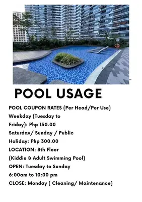 a flyer for a pool in front of a building at Serene Escape at Air Residences 2160 Makati in Manila