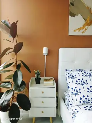 a bedroom with a bed and a plant on a nightstand at S-a-f-e Haven Resort Staycation in Manila