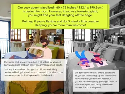 a flyer for a bedroom with a bed and a poster at Balay Sa Air, Beyond Ordinary at Air Residences Makati in Manila