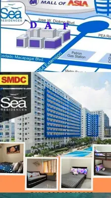 a collage of pictures of a building at 335 Sea Residences Tower F Staycation Infront of Moa, Arena, Ikea, Smx, Moa Complex, Near COD, Solaire, Okada, Parqal, & NAIA 123 in Manila