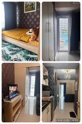 four pictures of a room with a bed and a television at Ronnzel staycation in Jazz Residence Makati in Manila