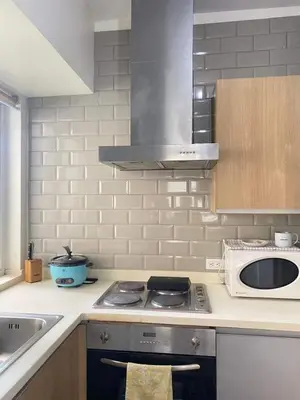 a kitchen with a stove top oven next to a sink at South of Market Private Residence in Manila