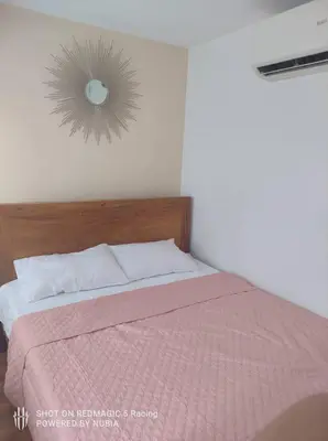 a bedroom with a bed with a pink blanket and a mirror at Fort Victoria Condominium Tower C in Manila