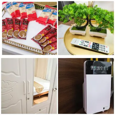 a collage of four pictures with a plant in a cabinet at Newly Turned 0ver Cond0- Air Makati 1BR with Balcony in Manila