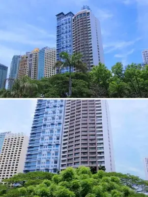 two pictures of a tall building in a city at Family KL Greenbelt Makati in Manila