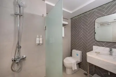 a bathroom with a shower and a toilet and a sink at The Belamy House Managed by HII in Manila