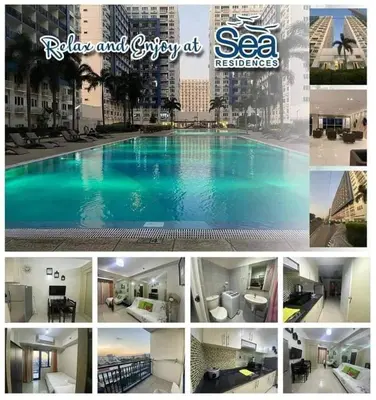 a collage of pictures of a swimming pool at Sea Residences Staycation by TVANS CONDOTEL Pasay City in Manila