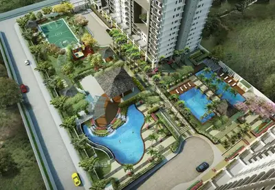 an overhead view of a resort with a swimming pool at Bunked Bed Room Sharing in Manila