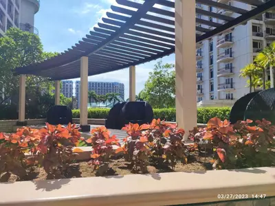a garden with orange flowers and a pergola at Larue cozy room in Solemare Parksuites Paranaque in Manila